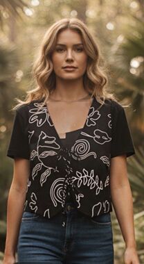 Rachel Zoe Black/White Abstract Woven V-Neck Sleeveless Tie Cropped Blouse M